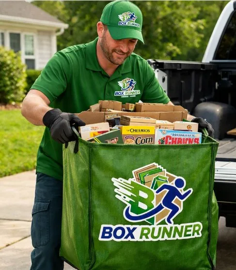 A Box Runner hauler loading a full tote into his truck